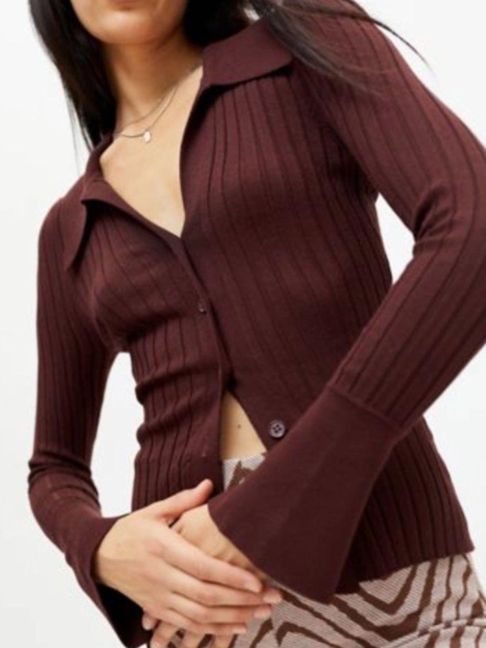 Urban Outfitters Moody Brown Ribbed Button-Front Sweater Top